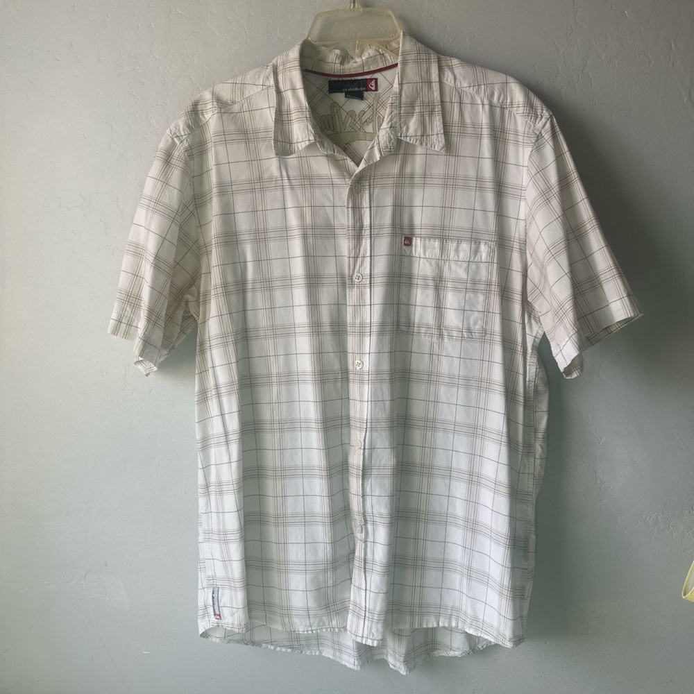 QUIKSILVER Men Large Cotton Blend Off-White Windowpane Check Button-Up Shirt